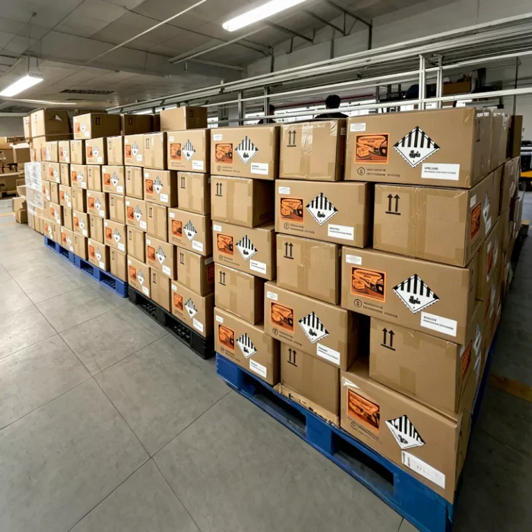 Boxed drone battery shipments in the CGBT warehouse