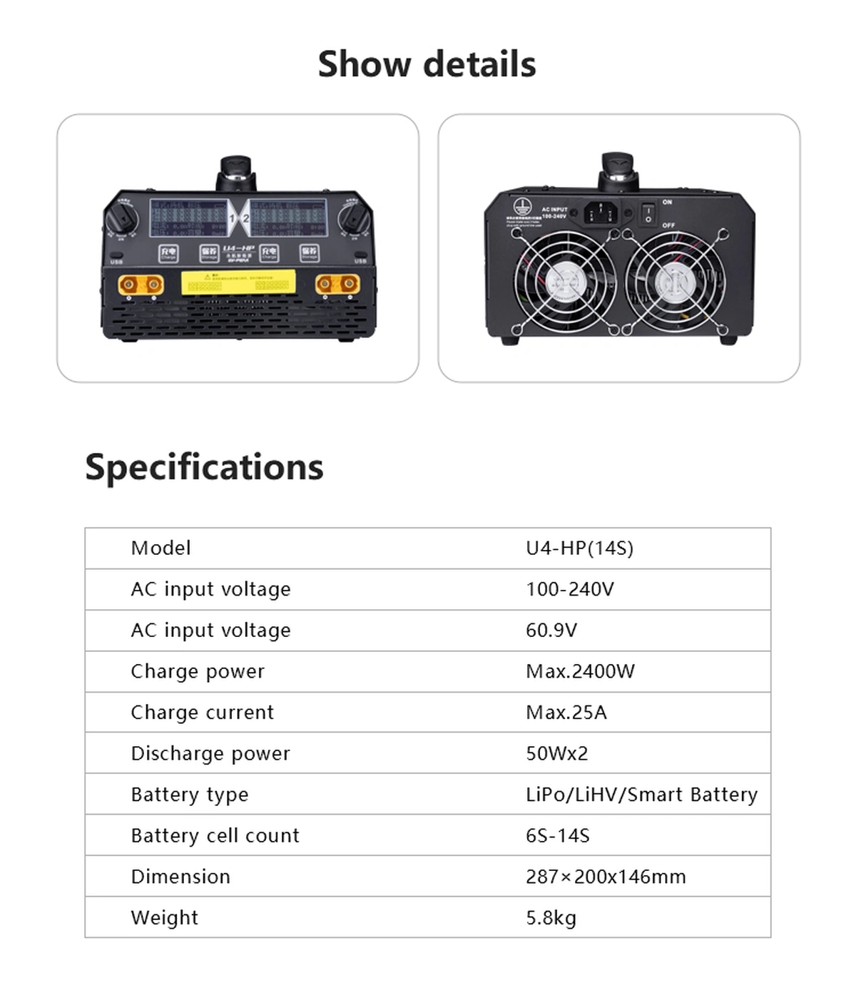 EV-PEAK U4-HP 6S/12S/14S Dual Channel Smart Fast Charger detail 5