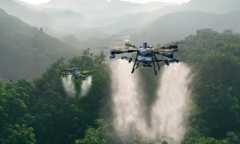 Two agricultural drones spraying a hillside forest