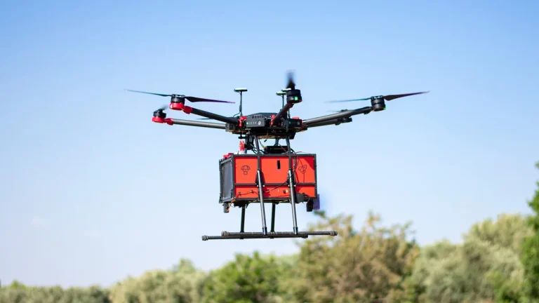 Delivery drone with a red cargo box