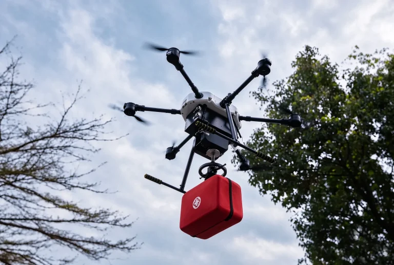 Drone delivering a first aid kit