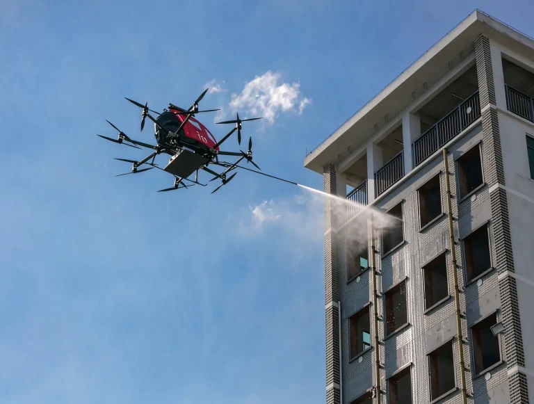 Tethered firefighting drone spraying a high-rise building