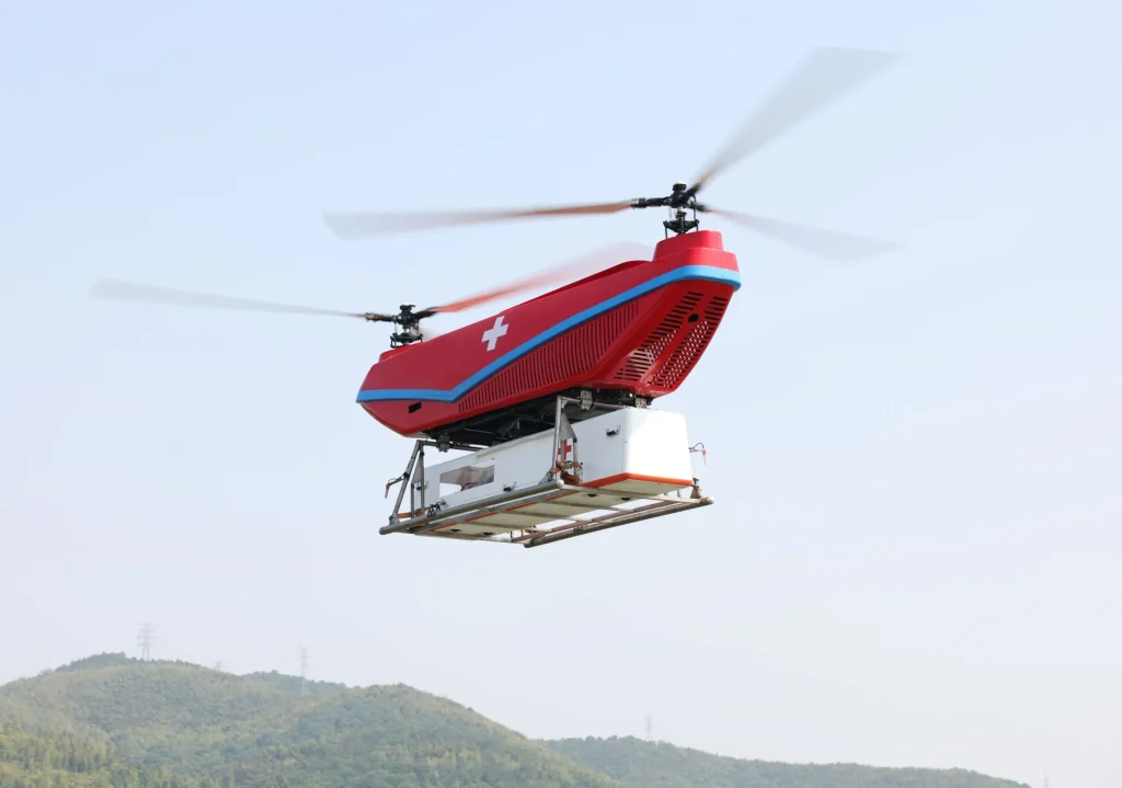 Unmanned helicopter carrying an emergency medical cargo pod