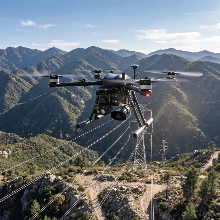 Industrial drone patrolling power lines in the mountains