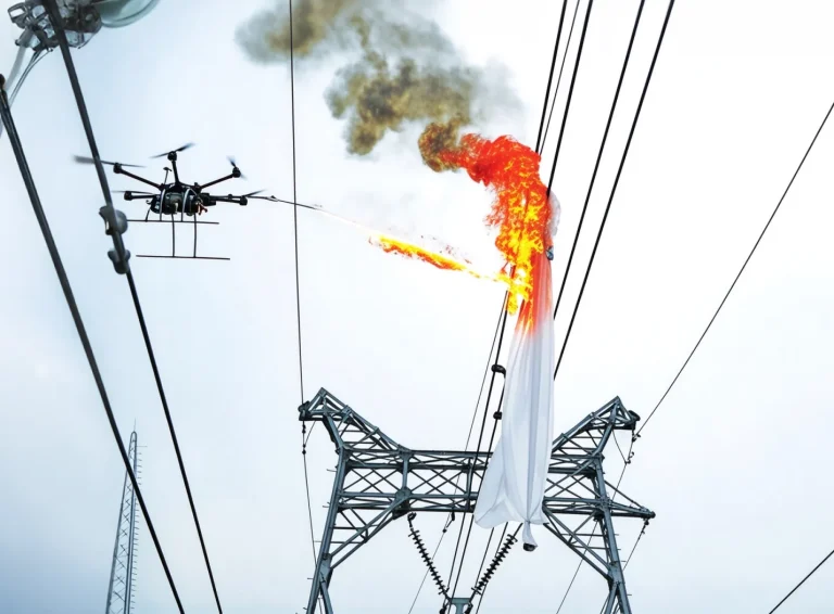 Drone removing debris from a high-voltage power line