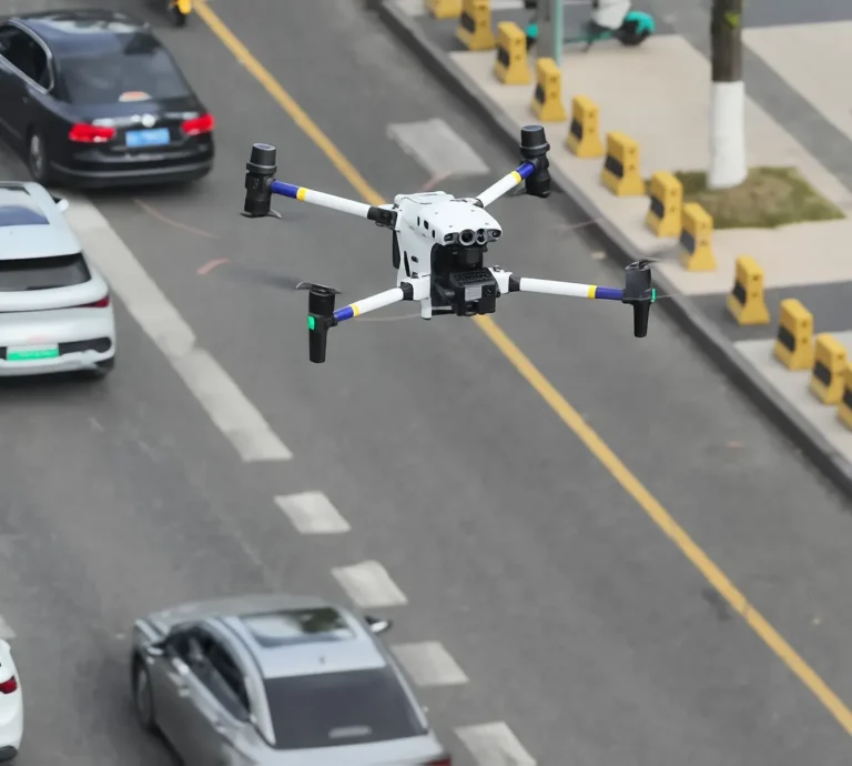 Traffic patrol drone flying over a city road
