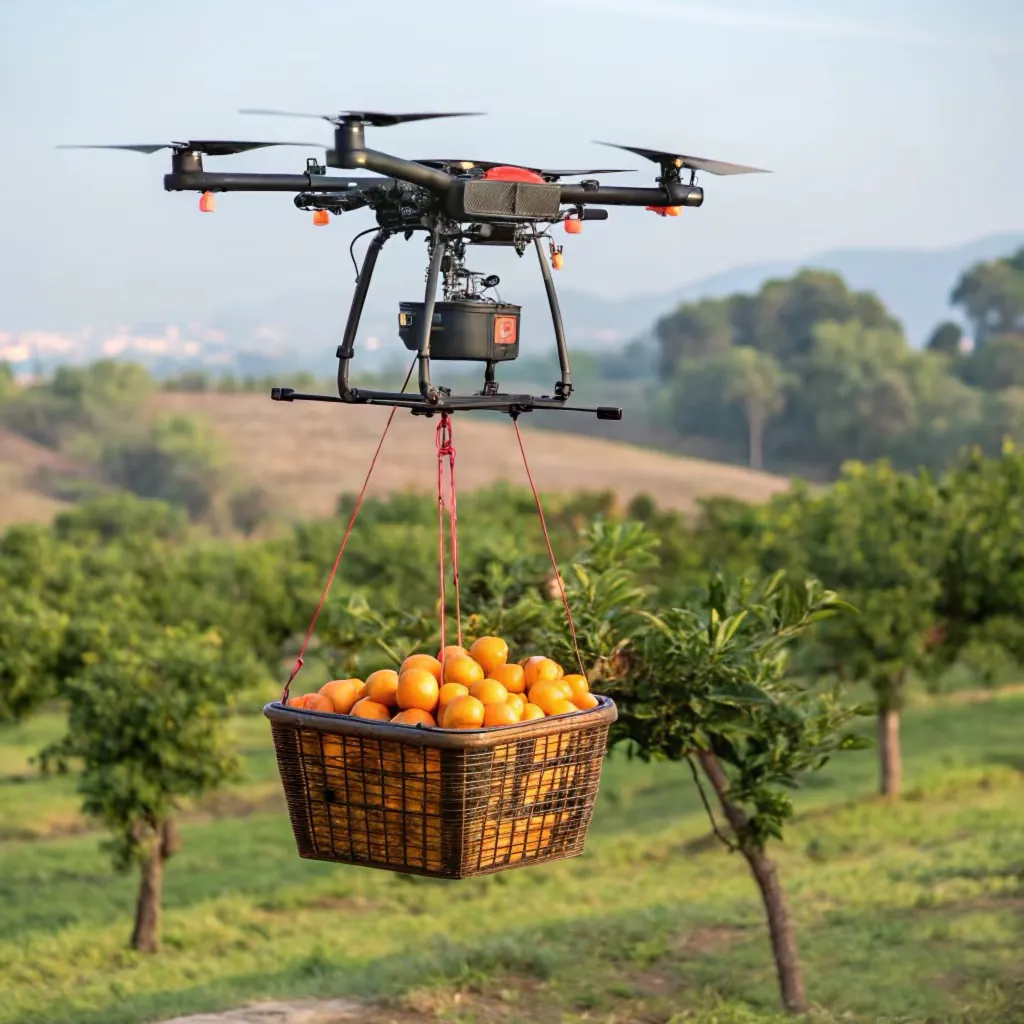 Transport drone carrying harvested oranges from an orchard